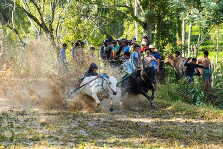 Pacu jawi traditional cow racing competition in West Sumatra, Indonesiaのeditorial素材
