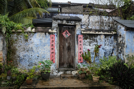 Old abandoned Chinese house details outside view in Papan Heritage village Perak Malaysiaのeditorial素材