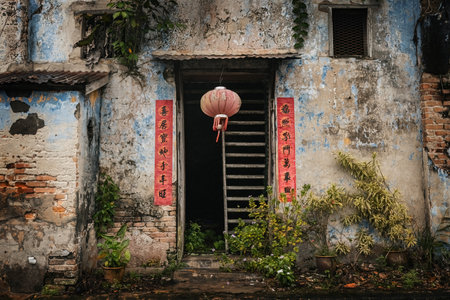 Old abandoned Chinese house details outside view in Papan Heritage village Perak Malaysiaのeditorial素材
