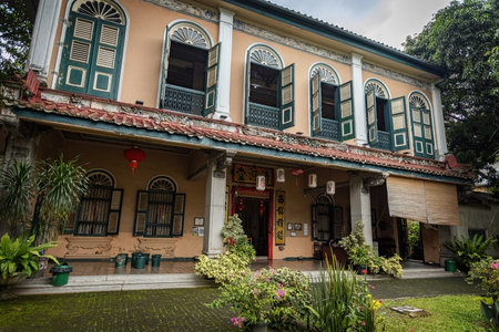 Tjong A Fie Mansion, facade view of the old Chinese house of Chinese businessman Tjong A Fie in Medan Indonesiaのeditorial素材