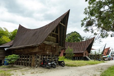 Traditional Toba batak houses with pointed roofs at Samosir island at Toba lake North Sumatra Indonesiaのeditorial素材
