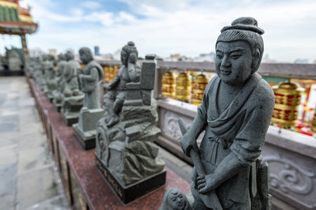 Stone statues at the Floating Chinese temple in George town Penang Malaysia