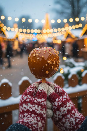 Girl in a red knitted sweater holds a caramel apple on the background of the Christmas marketの素材