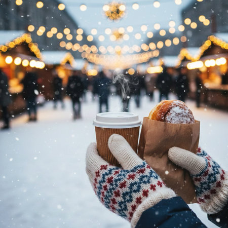 Woman holding a paper cup of hot coffee on the background of Christmas marketの素材