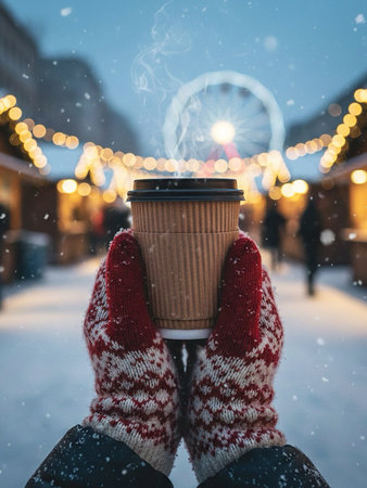 Woman in knitted mittens holding paper cup of hot drink on the background of Christmas marketの素材