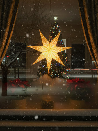 Christmas star on the background of the night city and snowfall.の素材