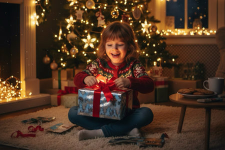 Cute child opening Christmas present at home in the living roomの素材
