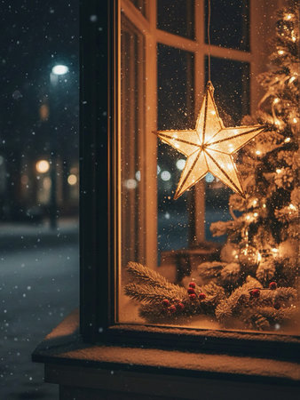 Christmas decoration on the window at night. Christmas and New Year conceptの素材