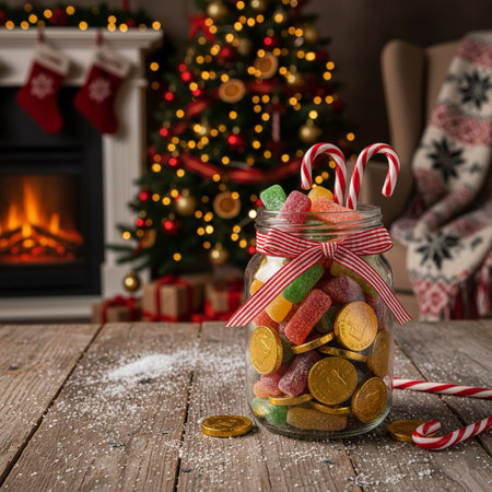 Glass jar with candies on wooden table and Christmas tree in backgroundの素材