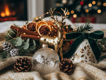 Christmas still life with golden deer and Christmas decorations on a background of the Christmas tree.の素材
