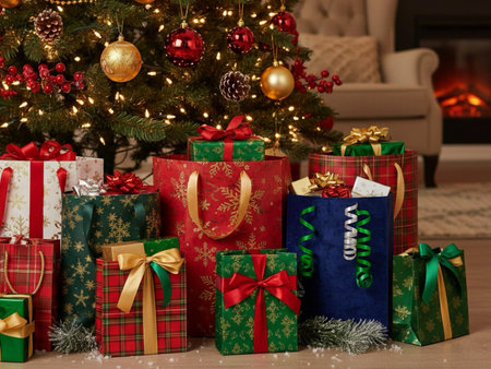 Christmas presents under the christmas tree on the floor with fireplace background.の素材