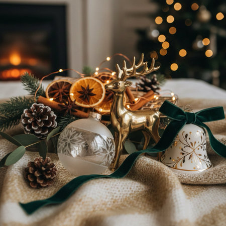 Christmas still life with fir tree branches, Christmas decorations and candles on a backgroundの素材