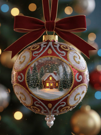 Christmas ball with the image of a house on the background of the Christmas tree.の素材