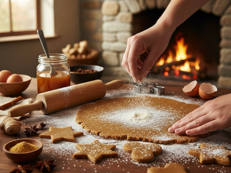 Female hands kneading dough for gingerbread cookies at home in front of fireplace.の素材