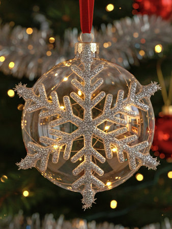 A beautiful Christmas bauble with a silver snowflake.の素材