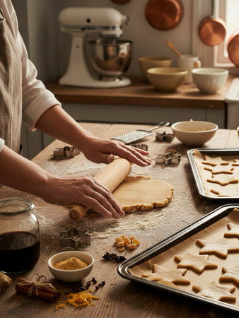 Woman rolling dough for ginger cookies cookies on kitchen tableの素材