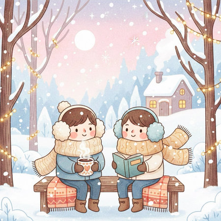 Cute children sitting on a bench and reading a book in the winter forest.の素材