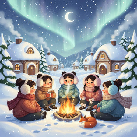 Winter landscape with family sitting near the bonfire. Cute postcard.の素材