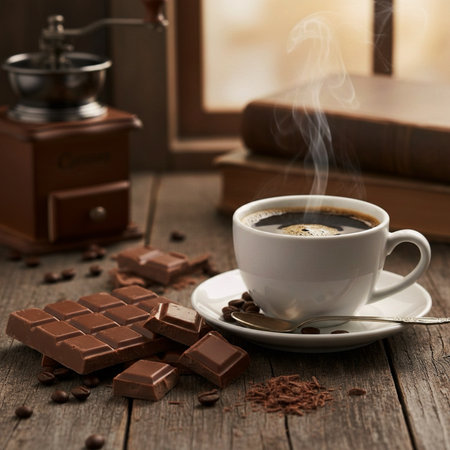 Cup of coffee with chocolate and coffee grinder on wooden tableの素材
