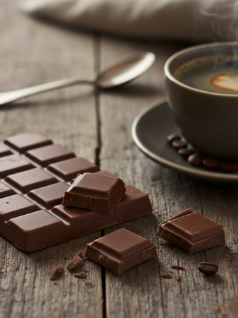 Cup of coffee with milk and chocolate on a wooden table.の素材