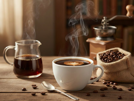 Coffee cup and coffee beans on wooden table.の素材