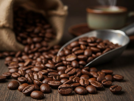 coffee beans on wooden table with a cup of coffee in the background.の素材