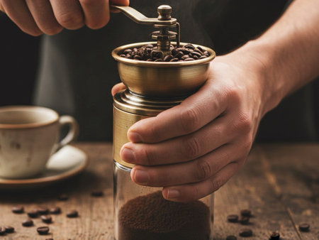 Male hands holding a coffee grinder with coffee beans on a wooden table.の素材