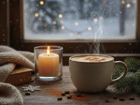 Cup of coffee with christmas decorations on wooden table near window.の素材