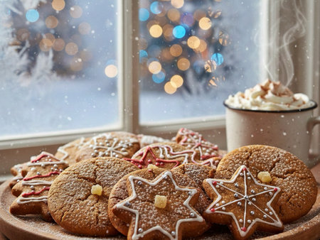 Christmas gingerbread cookies in the shape of stars and snowflakes on the windowsill.の素材
