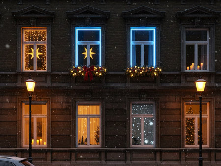 Christmas lights on the facade of a house.の素材