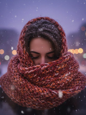 Young beautiful girl in a knitted scarf on the background of a winter city..pの素材