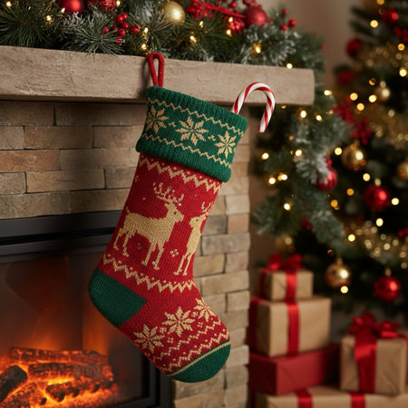 Christmas sock with gifts near fireplace, closeup. Festive decoration.の素材