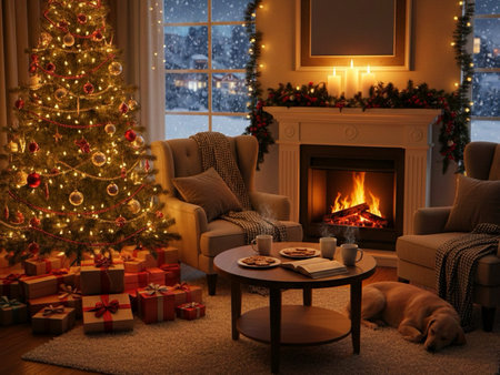 Christmas living room interior with fireplace, armchair, coffee table and Christmas tree.の素材