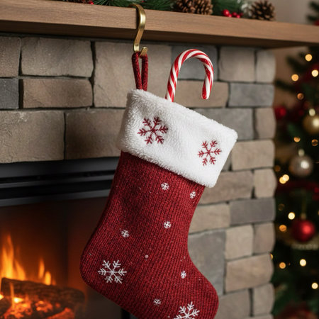 Christmas stocking with candy canes and snowflakes on fireplace background.の素材