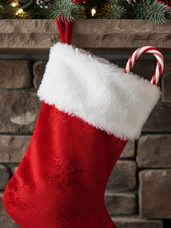 Christmas stocking with candy canes hanging on brick wall.の素材