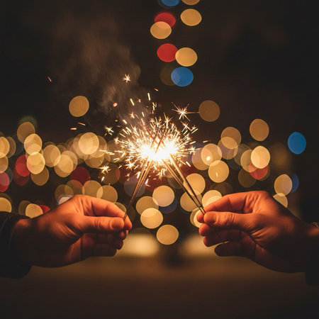 Two hands holding sparklers on bokeh background, celebration conceptの素材