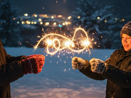 Little children holding sparklers in their hands at night.の素材