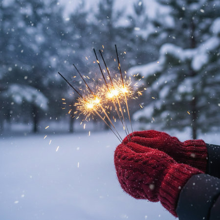 Woman holding sparklers in her hands on the background of winter forest.の素材