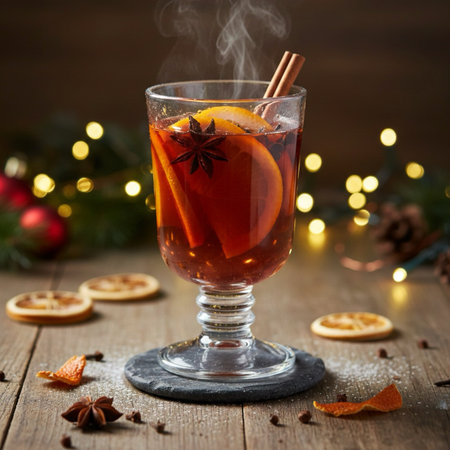 Mulled wine with spices and christmas decoration on wooden background.の素材