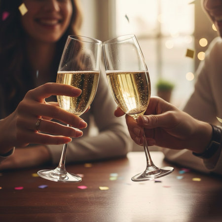 Close up of two young people clinking glasses with champagne at restaurantの素材