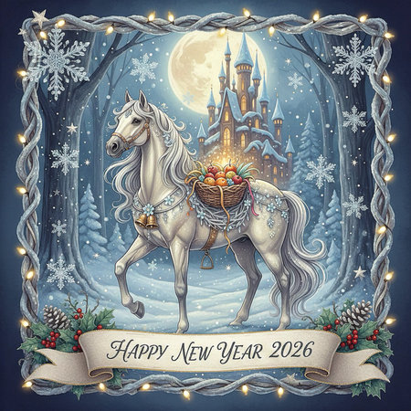 Merry Christmas and Happy New Year greeting card. Magic horse with a basket of gifts on the background of winter forest and castle.の素材