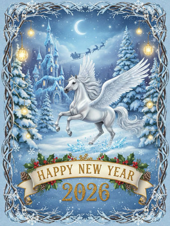 New Year card with a white unicorn, a Christmas tree, a spruce forest, a snowfall, a Christmas wreath and the inscription Happy New Year. Postcard.の素材