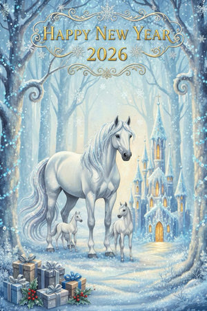 New Year card with a white horse in the forest. Winter background. Postcard.の素材