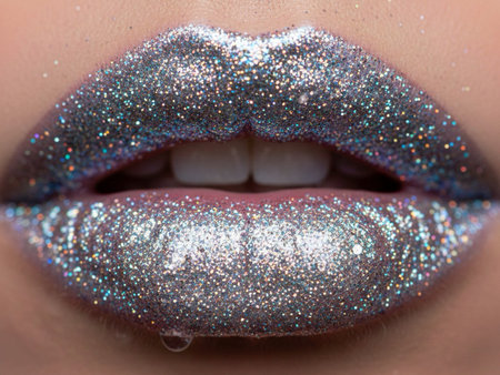 Closeup of beautiful female lips with glitter makeup and sparkles.の素材