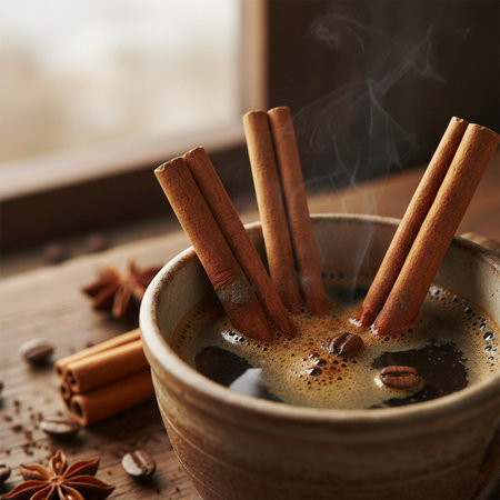 Cup of coffee with cinnamon sticks on wooden table.の素材