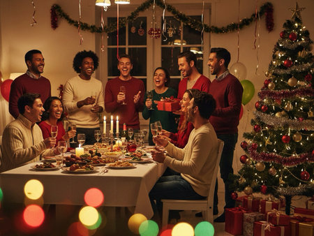 Group of friends celebrating Christmas at home, drinking beer and having funの素材