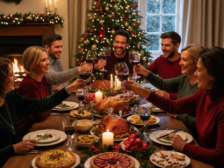 Happy friends clinking glasses of red wine at Christmas dinner party.の素材