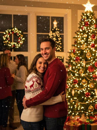 Couple in love hugging and smiling in front of Christmas tree at home.の素材