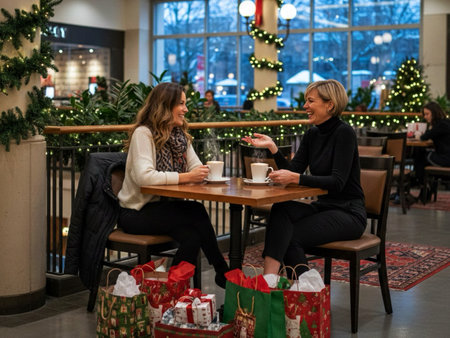 Merry Christmas and Happy Holidays! Two young women drinking coffee and talking in cafe.Christmas shopping.の素材
