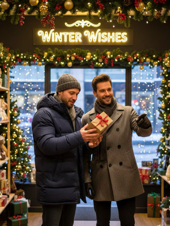 Happy couple with gift box at christmas market, winter holidays concept.の素材